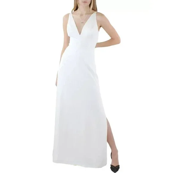 Aqua | Dresses | Aqua Formal Gown Womens Size 4 White Deep Vneck Side Slit  Full Length Prom | Poshmark